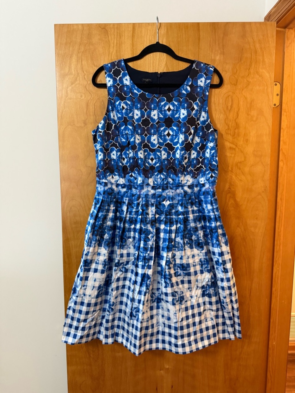 Talbots Blue Floral Ombre Gingham Plaid Dress Printed Fit Flare Petites 16P